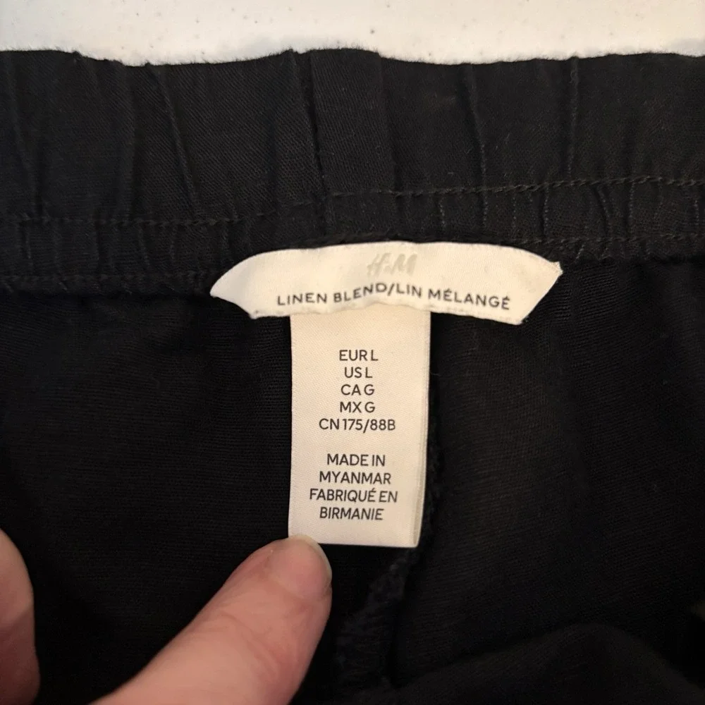 H&M Women's‎ Large Linen Blend Black Cropped High Rise Pants Pull On Drawstring - Picture 3 of 11